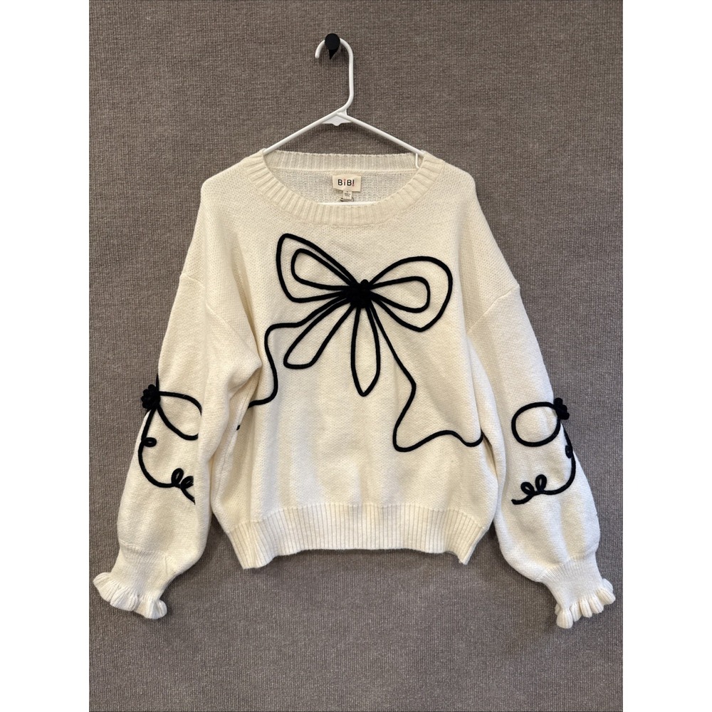 NEW BiBi Cream Sweater With Black Bow Detailing Coquette Ruffle Sleeve Whimsy